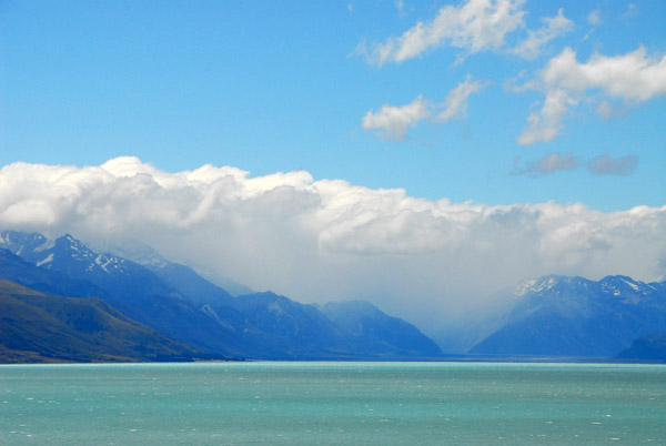 Thick clouds along the main ridge of the Southern Alps block the view of Mount Cook 70km north