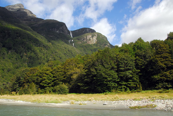 Mountain with waterfall west of the Dart River