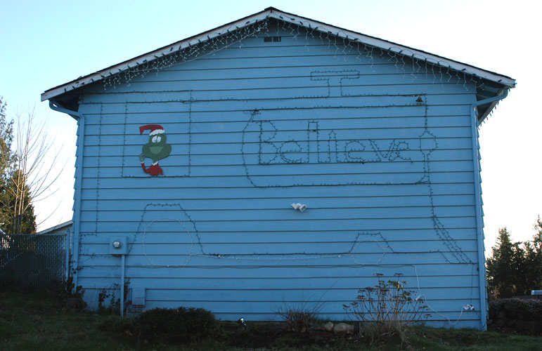 Christmas lights still on house in early February