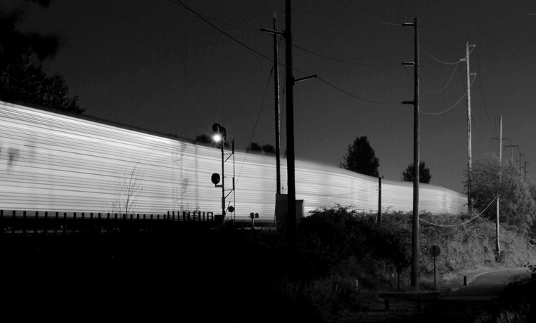 Auto racks in motion on the Union Pacific tracks in Kent, Washington