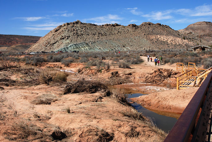 View from the Salt Wash bridge to the trailhead parking lot