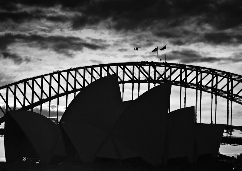 Sydney Opera House with bridge in mono