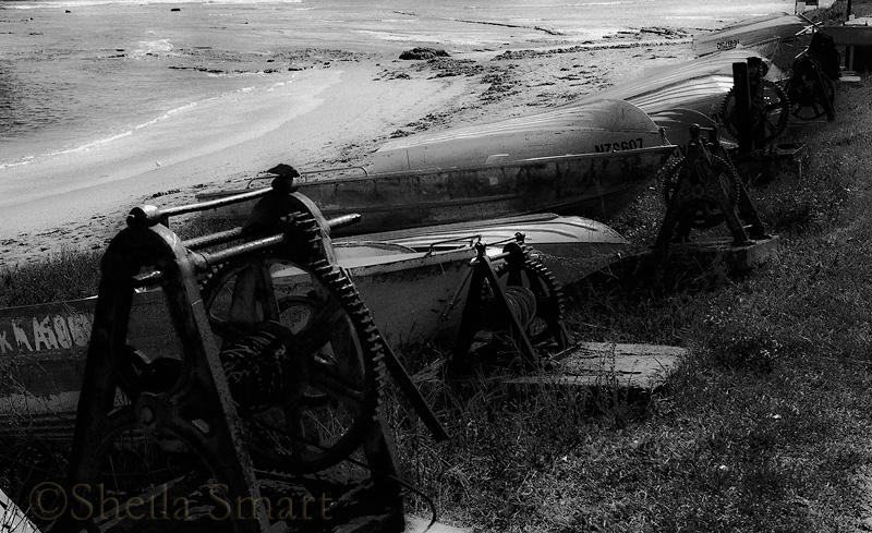 Dinghies at Collaroy Beach in monochrome