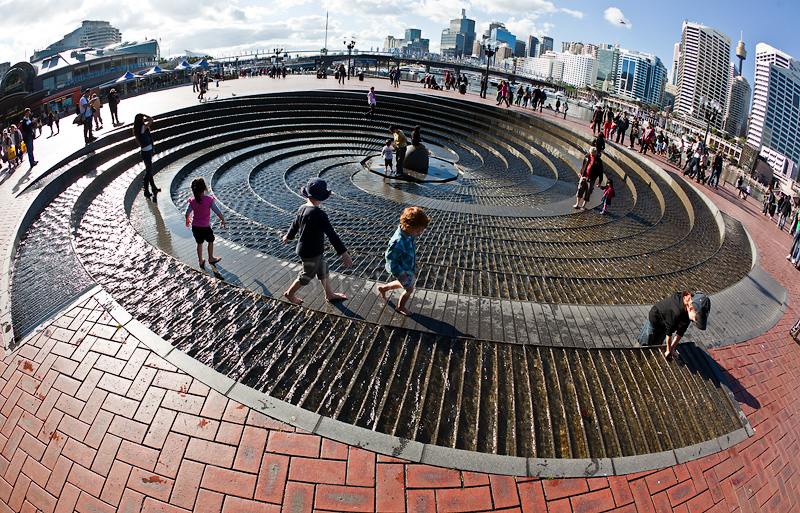 Kids at Darling Harbour Spiral Fountain 