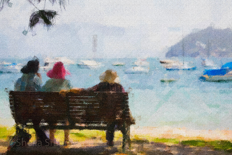 Three ladies watching bushfire across Pittwater