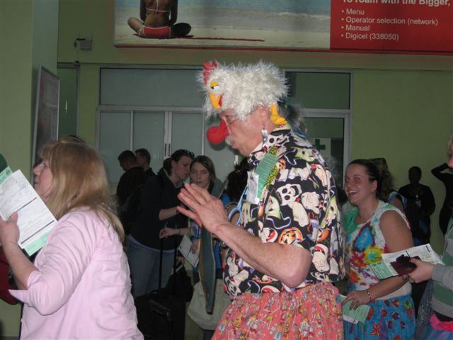Patch Adams in the airport in Haiti, he had rode over on the same flight as us