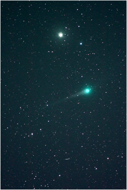 Comet Lulin, Saturn, a meteor and a satellite
