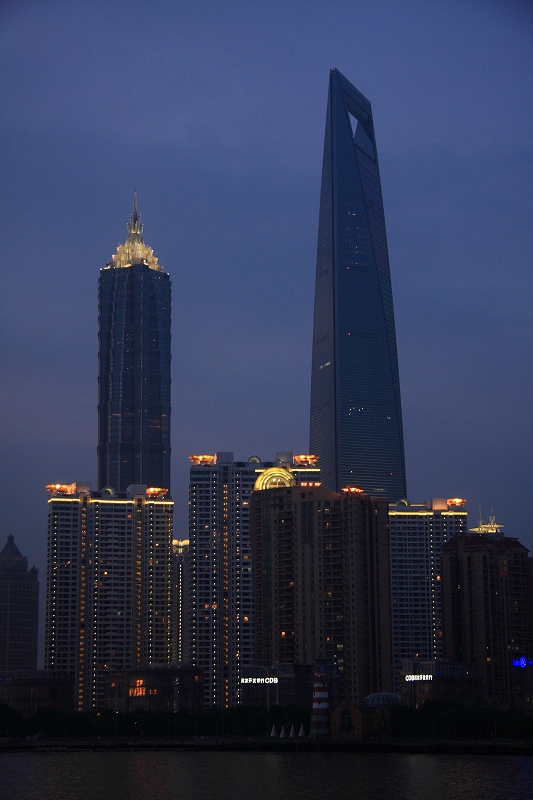 Evening view of the Jin Mao Tower (1381 ft, left) and World Financial Centre (1614 ft), Shanghai