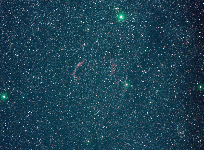 Veil or Cirrus Nebula (centre) and cluster NGC 6940 (bottom right)