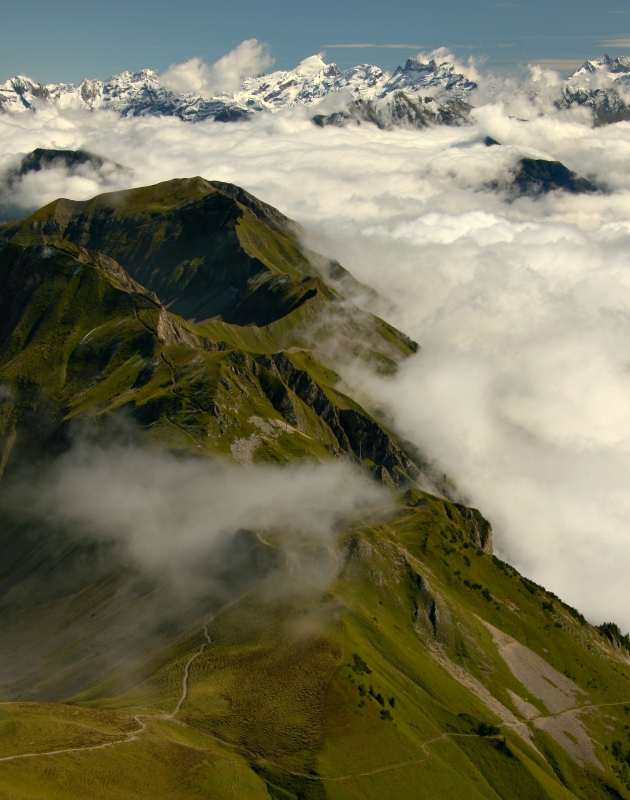 Cloudy valley from the Rothorn summit