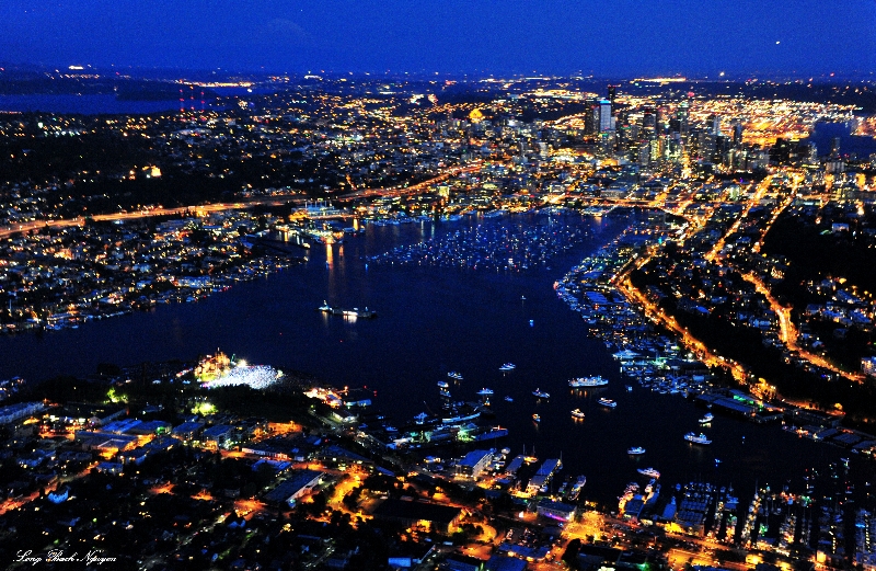 Fireworks at Lake Union, Gas Work Park, downtown Seattle, Mt Rainier Washington