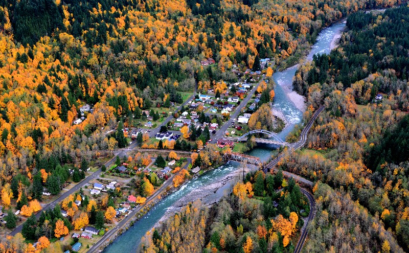 Small town of Index, Fall Colors on Skykomish River, Washington