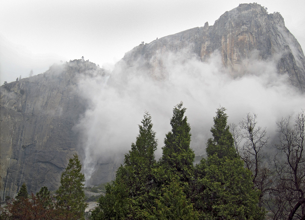 Cloud partially hides Upper Yosemite Falls. Day 2, S95, #3681