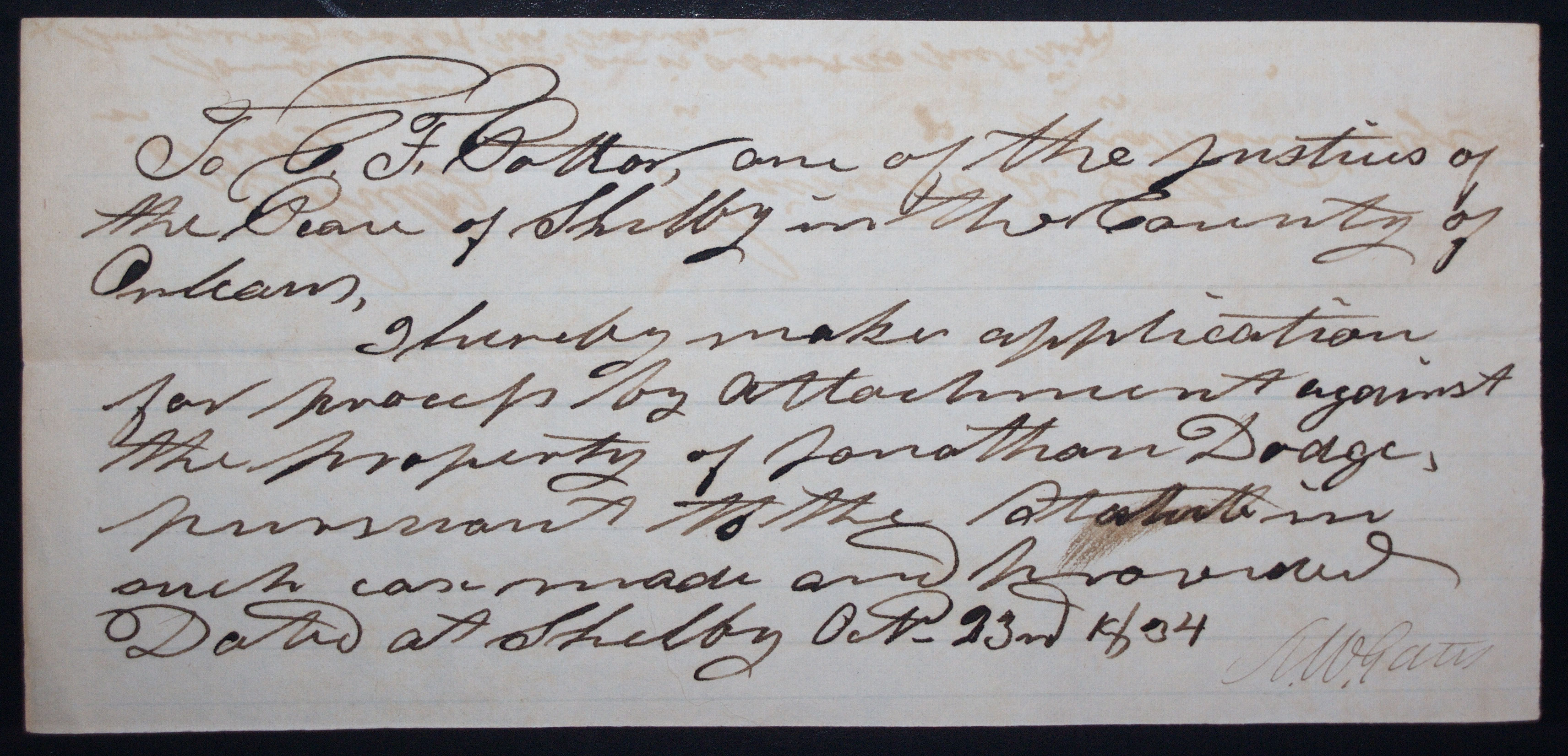 Attachment written up for Charles F. Potter, Justice of the Peace signed by R. W. Gates