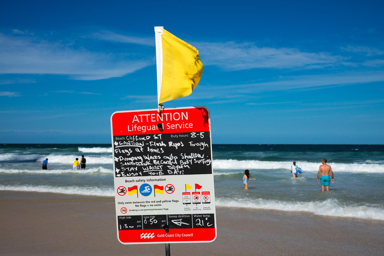Life guard notice at Surfers paradise, Gold Coast.