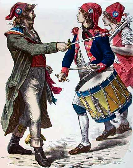 Sans-culottes wearing Phrygian caps and tricolor cockades