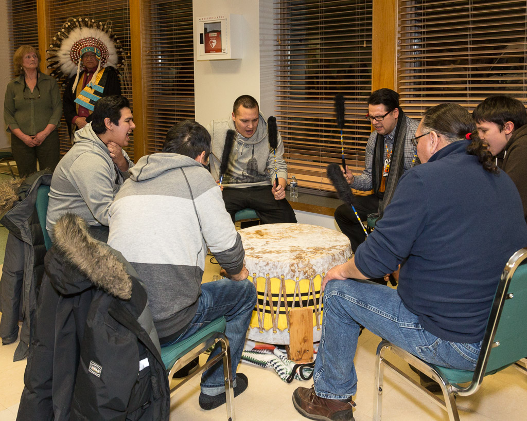 Edmund Metatawabin with the Ghost River Drummers