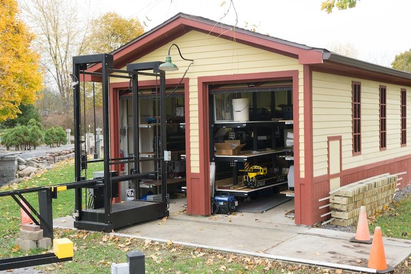 Engine house with lift for one-inch scale trains