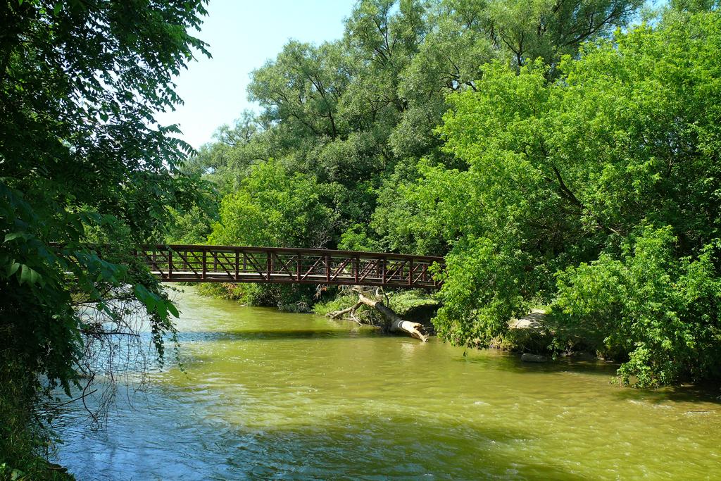 Summer, Footbridge and Humber River, Rowntree Mills Park, Toronto, Ontario