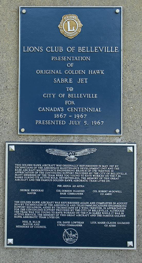 Plaque on Sabre Pylon, Zwicks Island Centennial Park, Belleville