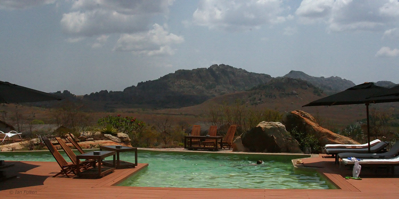The pool terrace at the Satrana Lodge Hotel, Ranohira, Isalo 