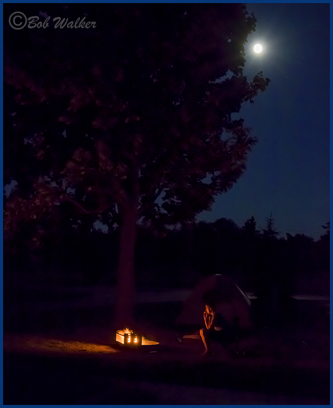 Beautiful Evening With A Full Moon And Warm Campfire  