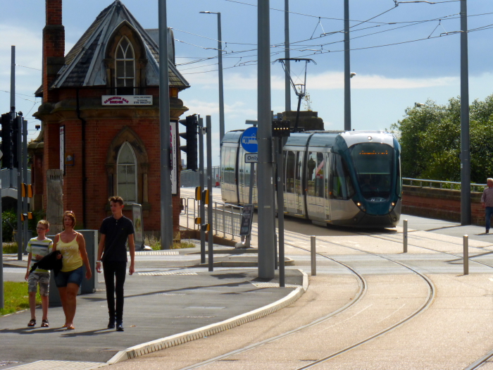 217 (2015) Alstom Citadis 302 @ Meadows Embankment - Approaching from Wilford Toll Bridge