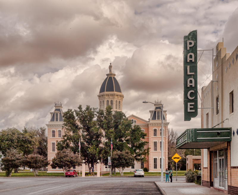 The courthouse with the old Palace theater sign.