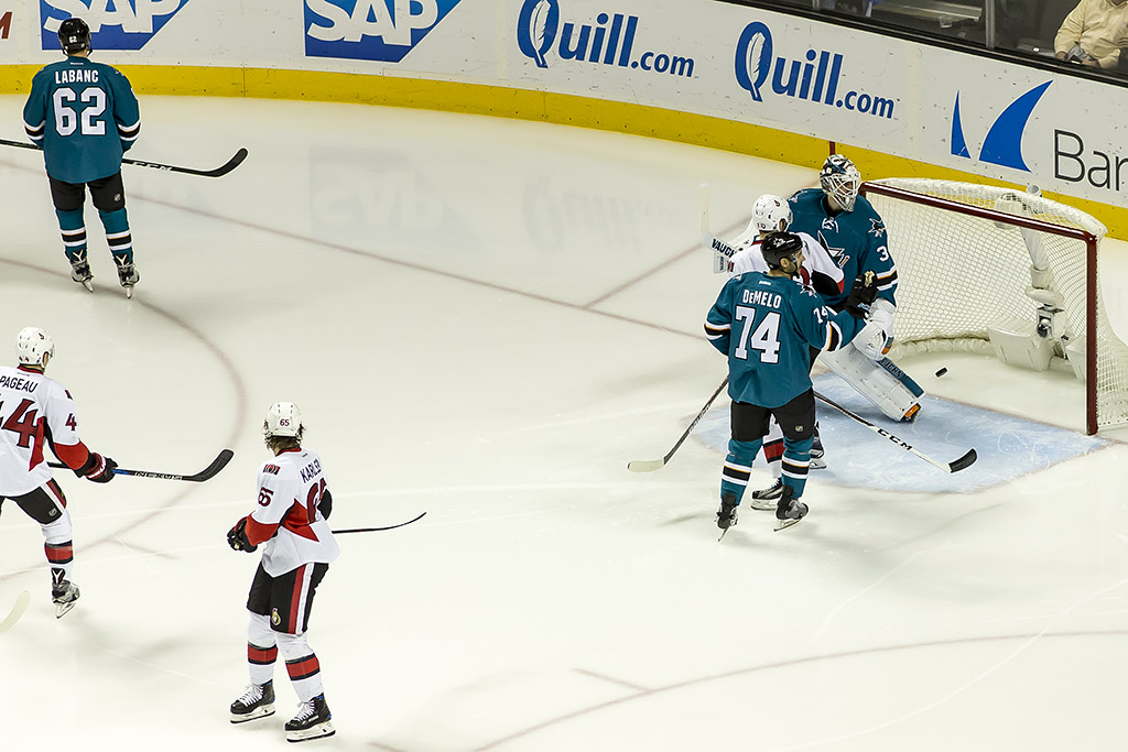 Tom Pyatt tips the puck into the net with a high stick - no goal