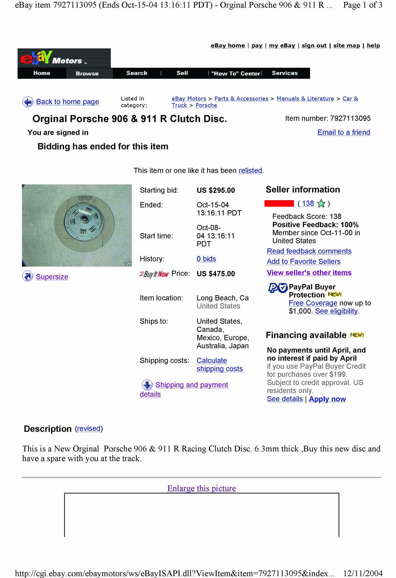 906  Clutch Disc, OEM, NOS - eBay Oct/2004 Page 1
