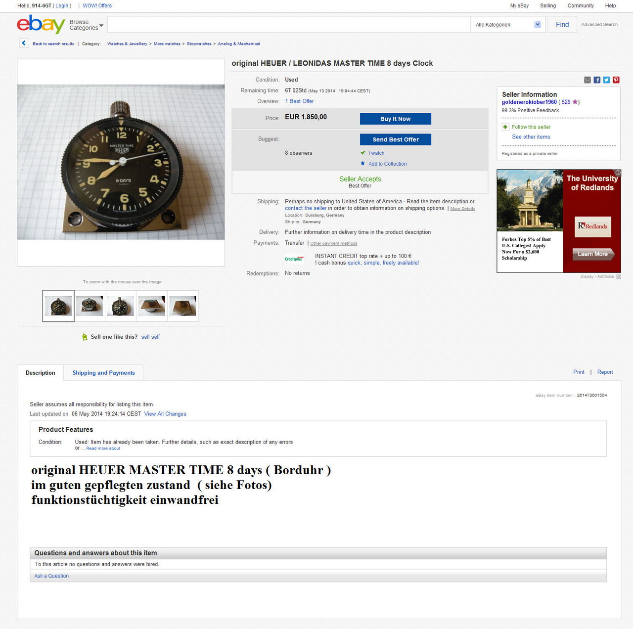 Heuer Master Time 8-Day Rallye Timer Like-New - eBay DE Bid Euro 1,850 / USD $2,575