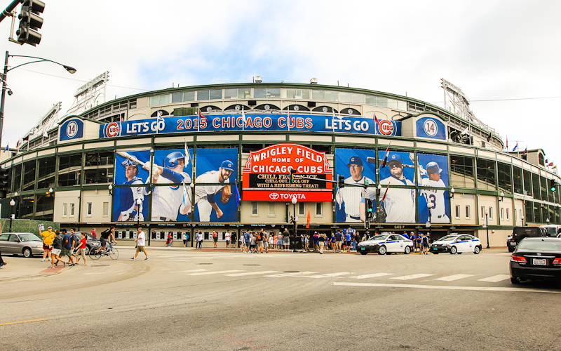 Wrigley Field, home of the Chicago Cubs, at the corner of Clark & Addison