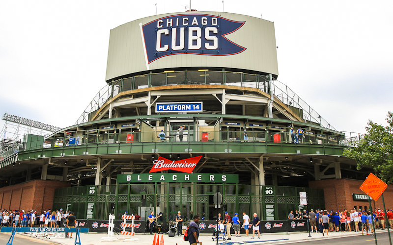 The bleacher entrance gates at the corner of Waveland & Sheffield