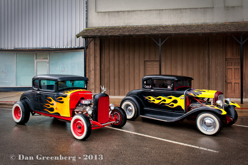 Two Ford Model A Coupes in the Rain