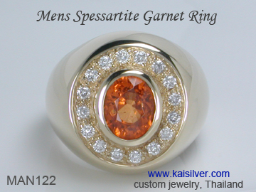 Mens Spessartite Garnet Ring, Spessartine Diamond Gold Or Silver Ring