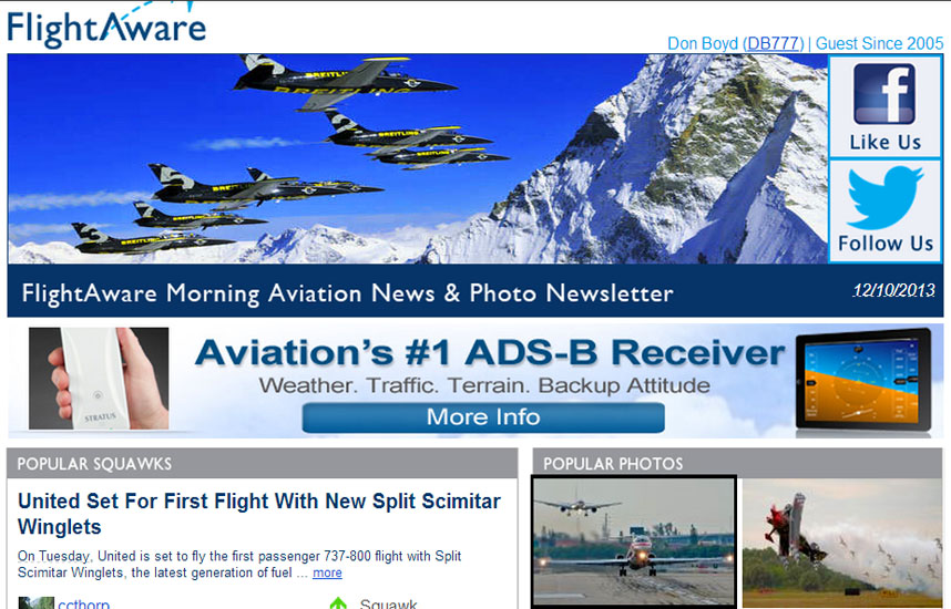 2013 - American MD-82 and B757 at FLL photo (bottom left) on FlightAwares Morning Aviation Newsletter