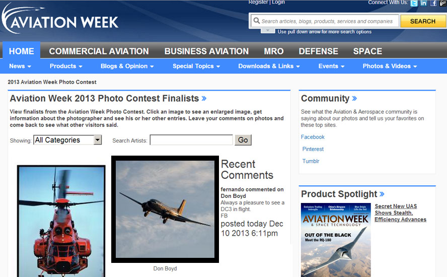 2013 - Finalist in the 2013 Aviation Week & Space Technologys annual photo contest - photo of TMF Aircrafts Super DC-3 N587MB