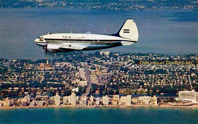 Mid 1950s - Tan Airlines C-46 XH-TND offshore of Miami Beach before the Julia Tuttle Causeway was built to Miami Beach
