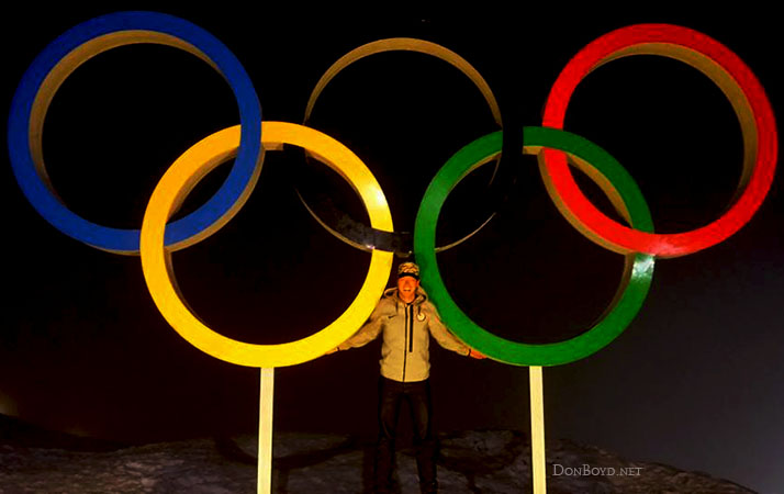 February 2014 - Brendas Olympian son Justin Reiter and the Olympic Rings at Sochi, Russia