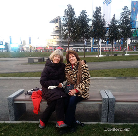 February 2014 - Brenda and Linda on an Olympic bench in Sochi, Russia