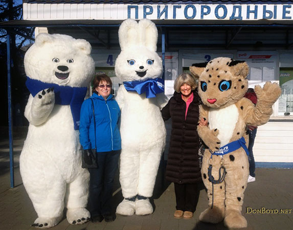 February 2014 - Linda and Brenda with the Olympic critters at the 2014 Winter Olympics in Sochi, Russia