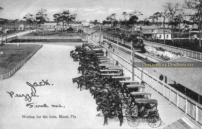 1890s to early 1900s - Miamis first railroad station with horses and carriages waiting to transport passengers