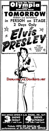 1956 - Olympia Theatre advertisement in the Miami News for Elvis Presley shows at the theatre on Flagler Street, downtown Miami