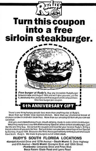 1990 - coupon ad for 6th anniversary of Rudys Sirloin Burgers