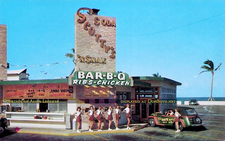 1950s - the carhops posing in front of Scottys Soda and Snax Drive-In on Collins Avenue in Sunny Isles