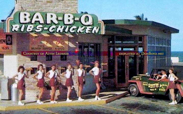1950s - closeup of the carhops posing in front of Scottys Soda and Snax Drive-In on Collins Avenue in Sunny Isles