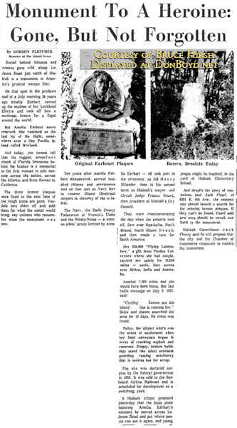 1965 - Miami News article about historical plaque honoring Amelia Earhart being stolen from former Amelia Earhart Field