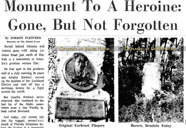 1965 - top portion of Miami News article about Amelia Earhart historical plaques being stolen from former Amelia Earhart Field