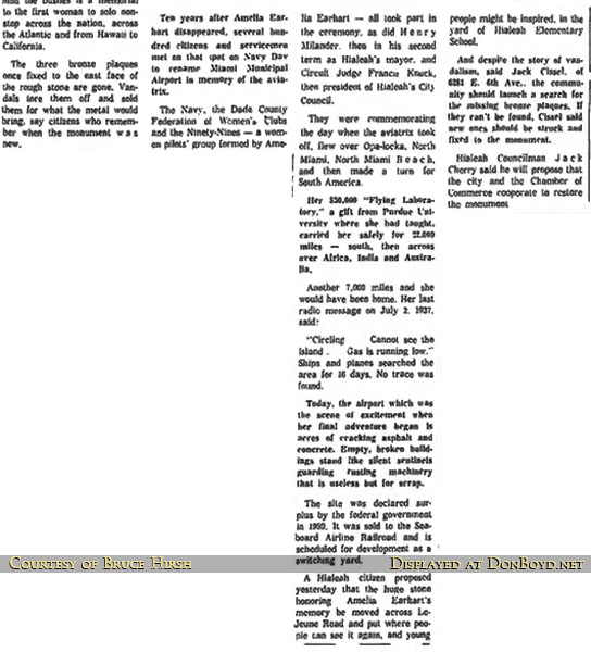 1965-bottom portion of Miami News article about Amelia Earhart historical plaques being stolen from former Amelia Earhart Field 