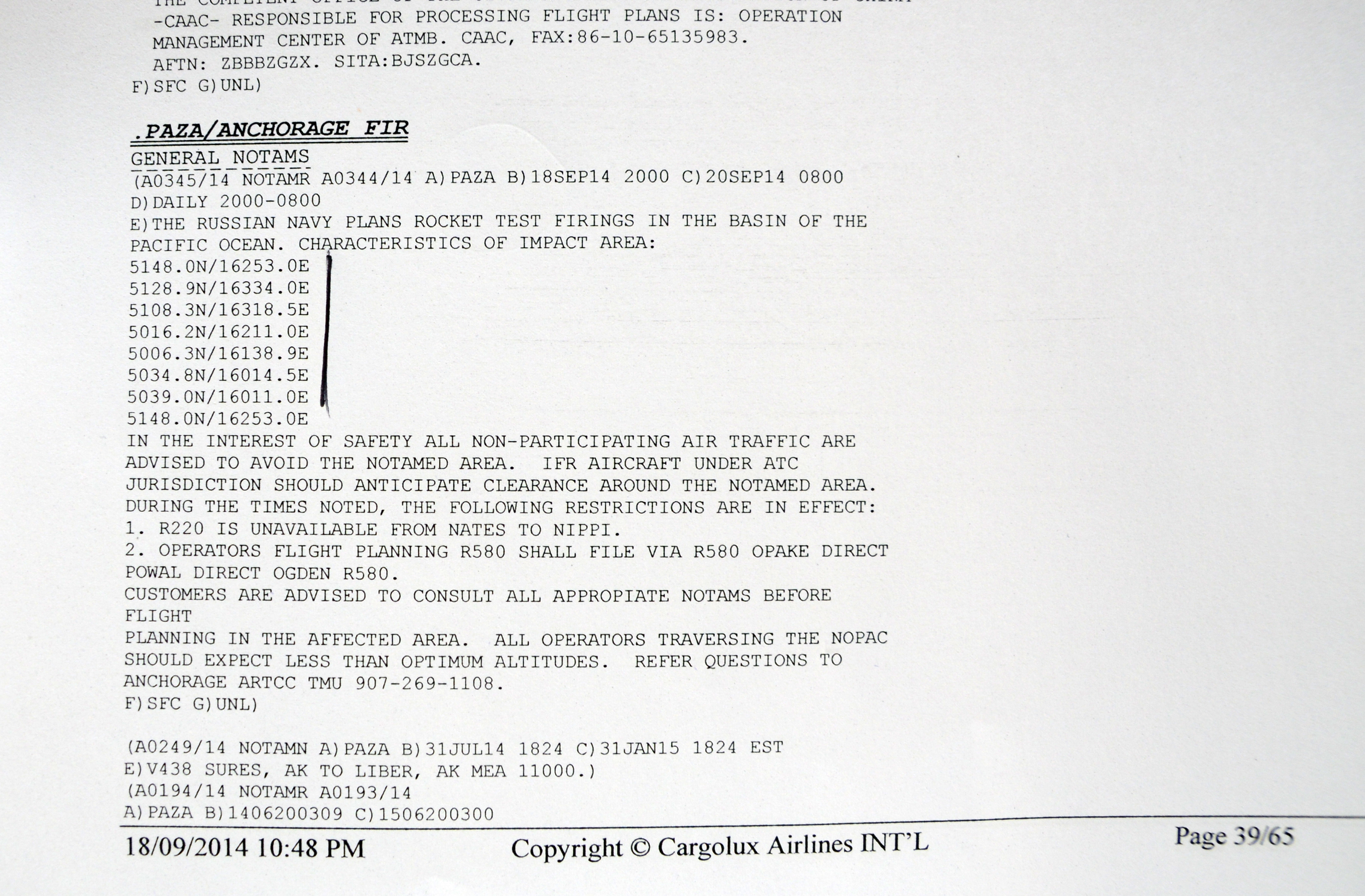 September 2014 - Russian Missile test NOTAM